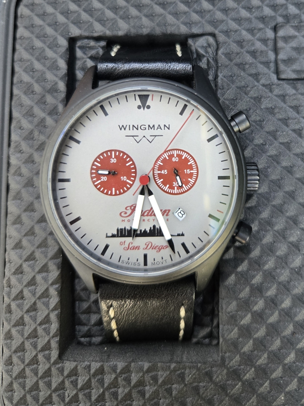 Wingman Men's Black Leather Strap Watch with Bag Accessory - 3 of 10